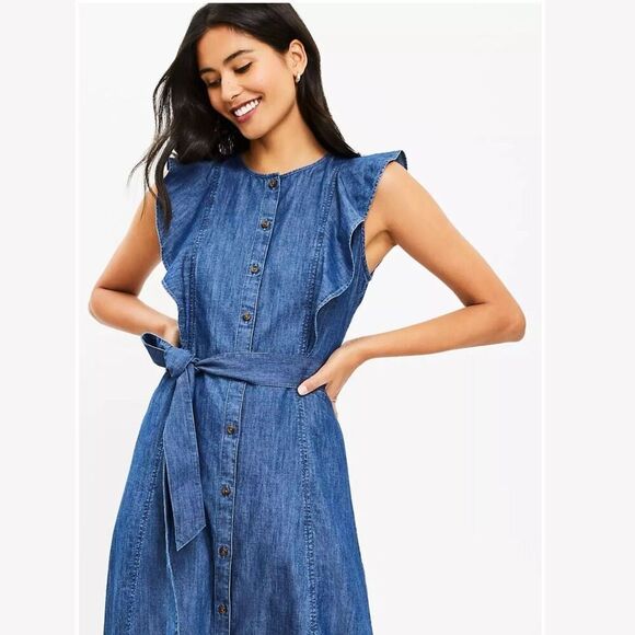 Loft Chambray Ruffle Button Front Midi Dress - Picture 1 of 12